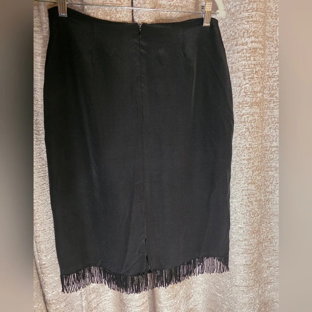Clio Black Pencil Skirt with Vibrant Floral Embroidery And Fringe - Picture 2 of 6
